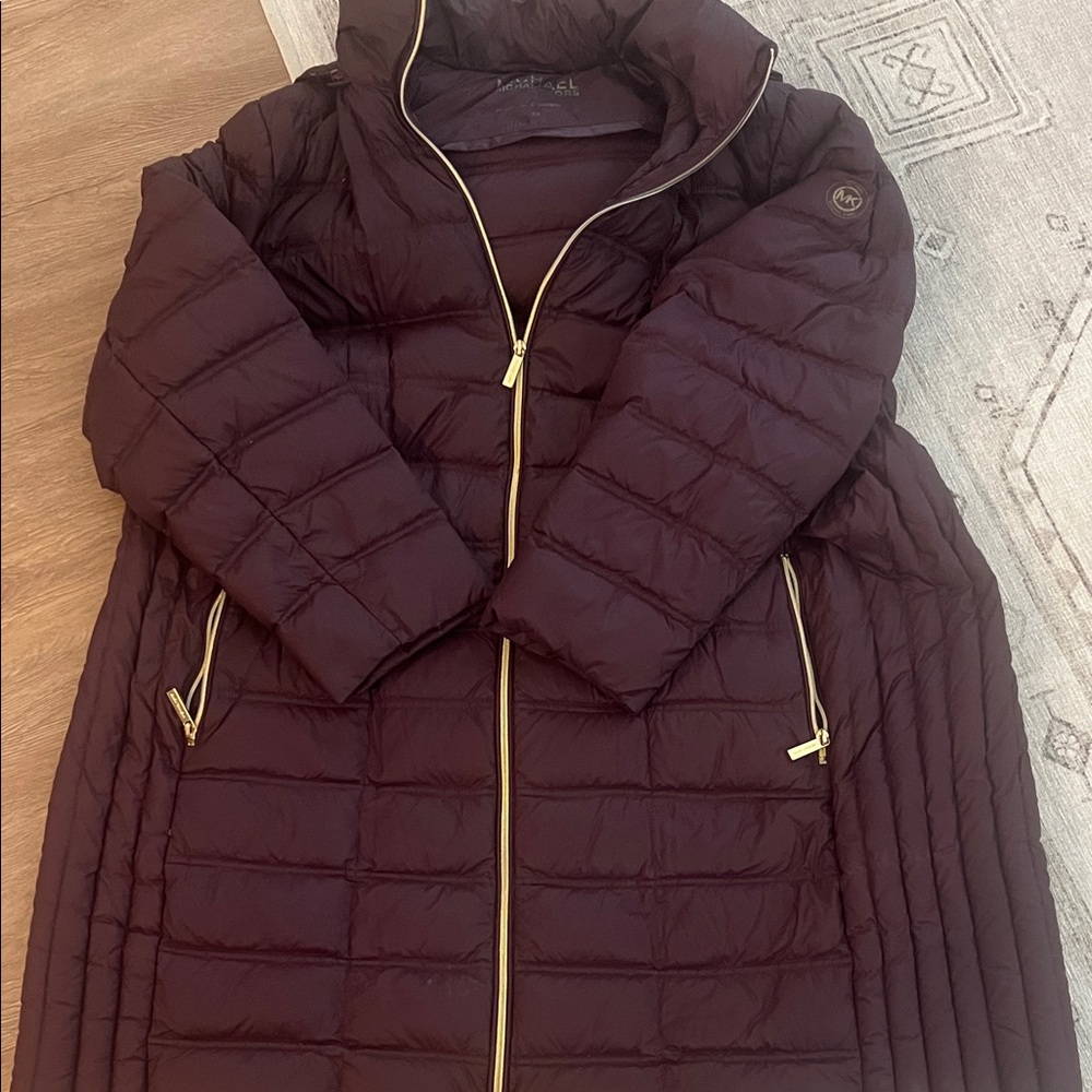 Michael Kors Quilted Puffer Coat in Deep Burgundy with Gold Hardware